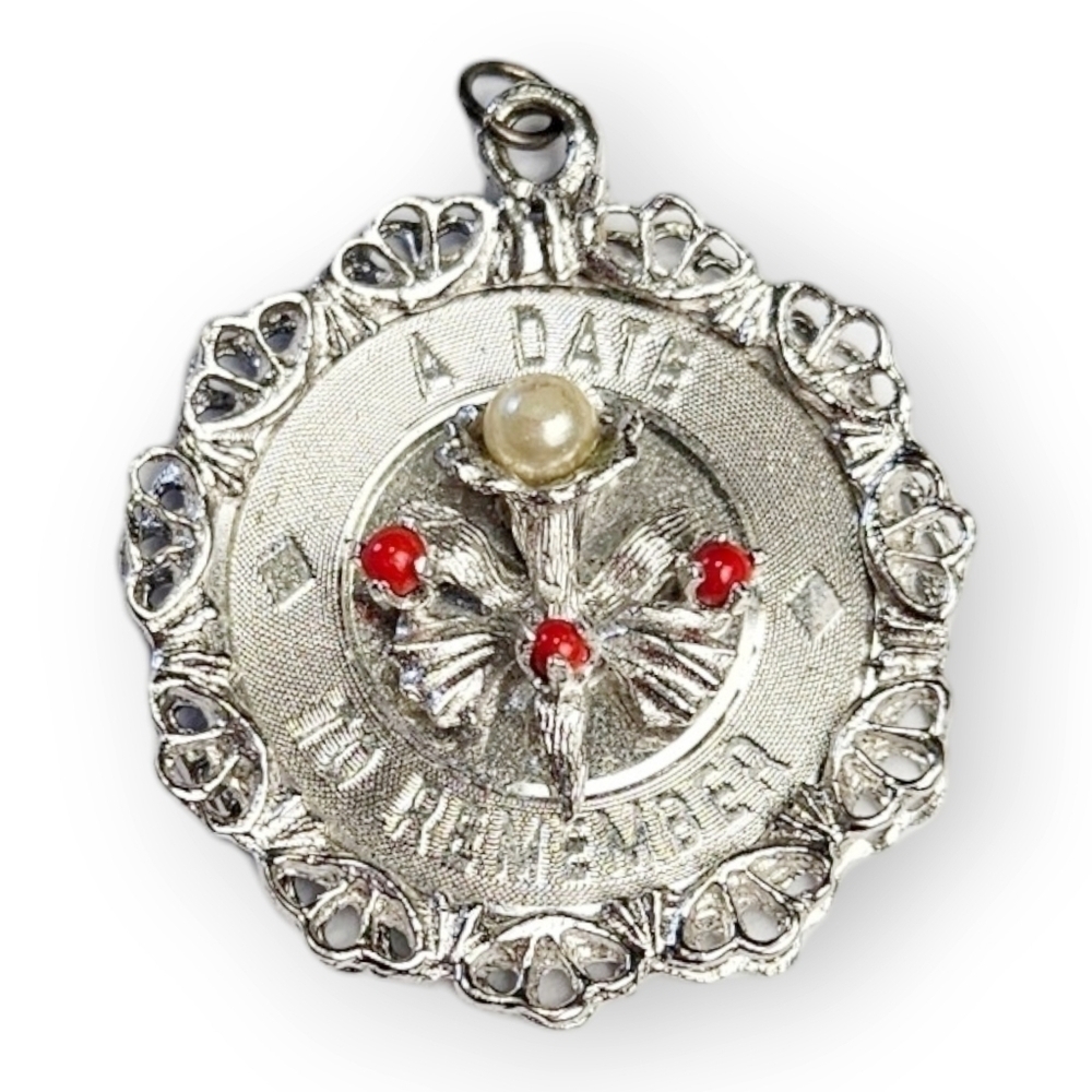 Sterling Wedding Anniversary Pendant Date To Remember Floral Vtg Elco 925 Silver